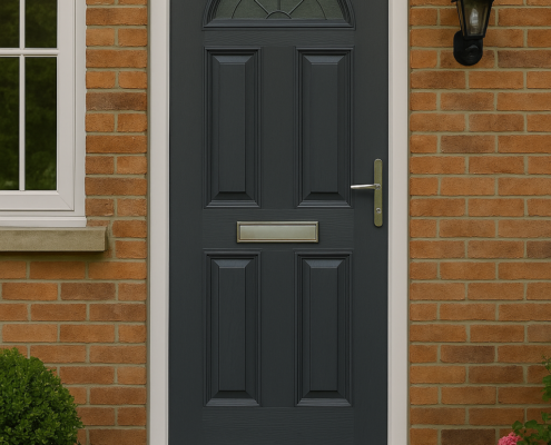 Dark grey composite door on a traditional red brick home in Tunbridge Wells, featuring frosted glass and decorative lead design
