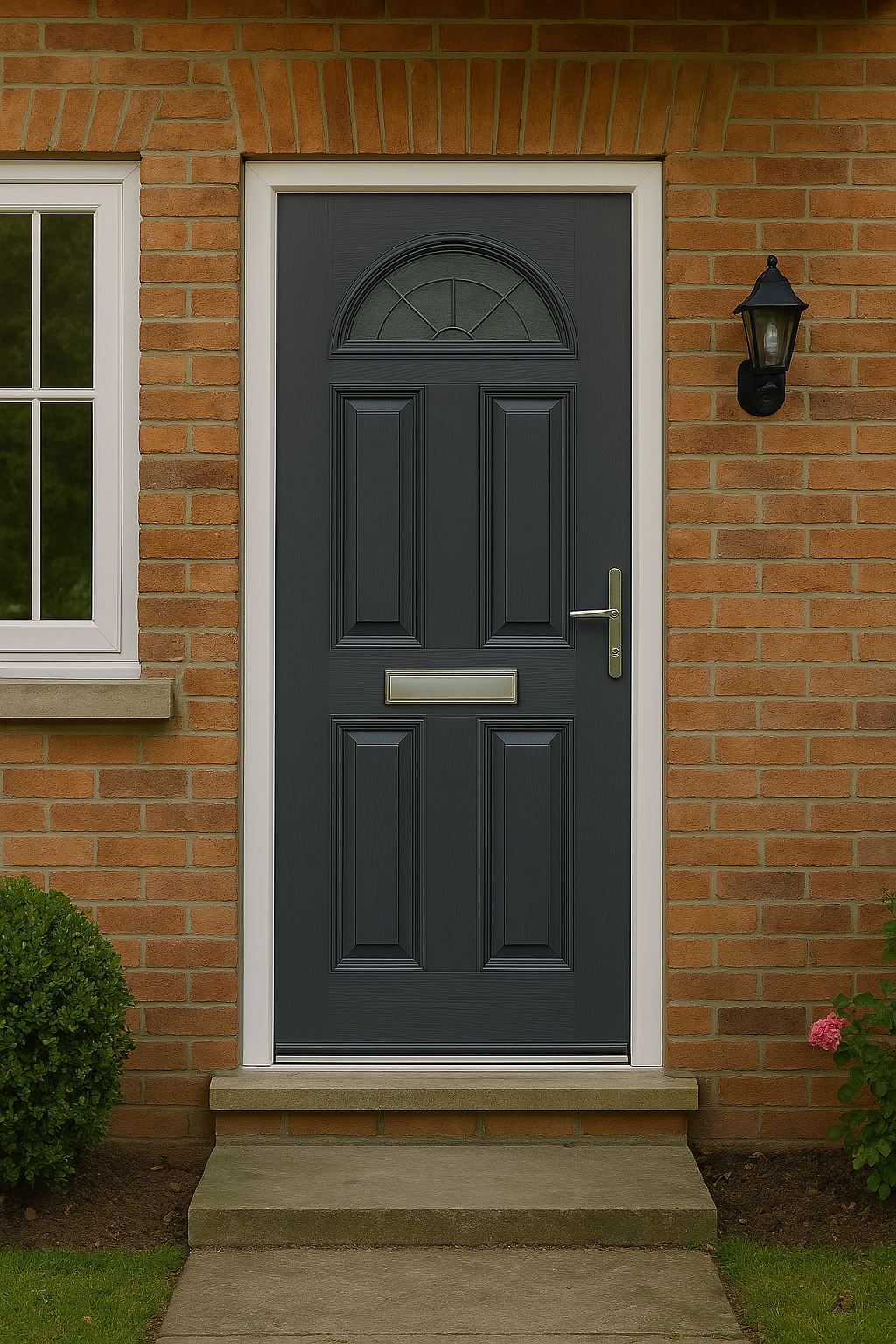 Black composite front door fitted to a brick house, a popular choice in the composite vs uPVC doors debate